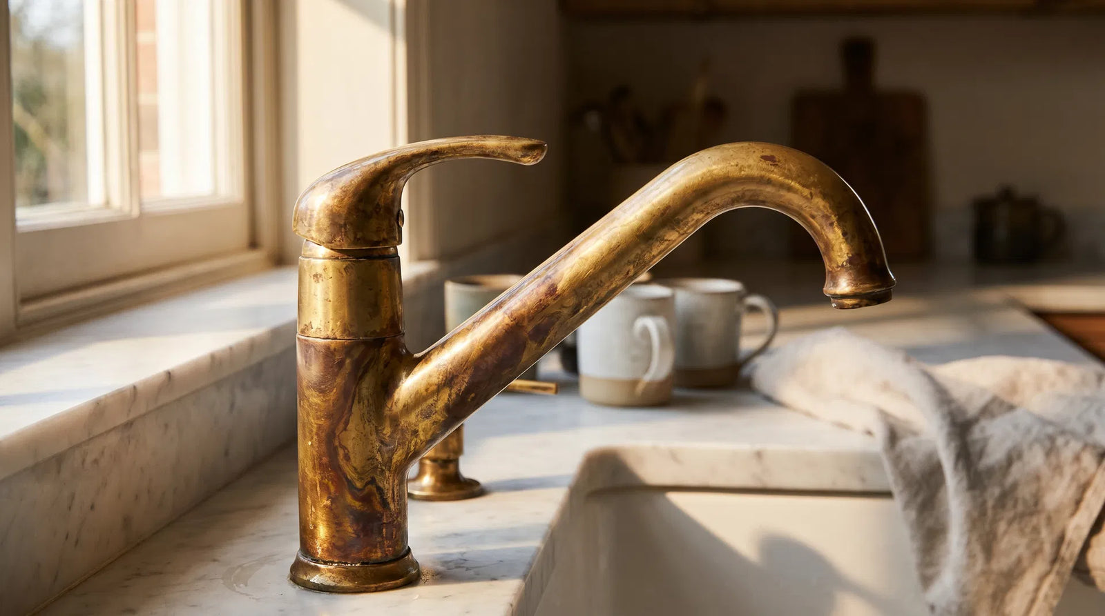 Close-up of an unlacquered brass faucet showing beautiful natural patina development