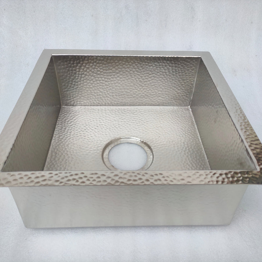 Handmade square silver kitchen sink – undermount with hammered texture, front view