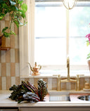 Mykonos brass bridge faucet with sprayer – side view