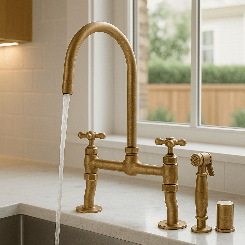 Antique Unlacquered Brass Bridge Kitchen Faucet with Side Sprayer Kitchen Faucets product photo