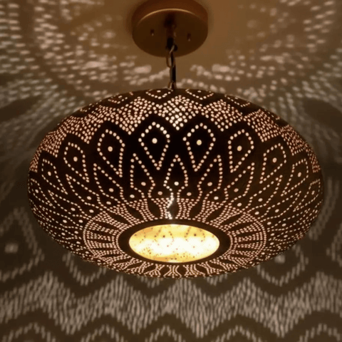 Brass lotus flush pendant light hand-pierced ceiling fixture casting shadow – Brass For Homes