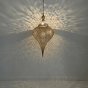 Close-up of tall pierced brass teardrop pendant light artisan craftsmanship – Brass For Homes