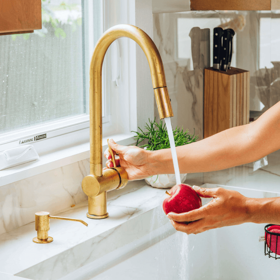Brass Pull Down Kitchen Faucet kitchen faucet for kitchen sinks, prep sinks, bridge faucet layouts, and farmhouse kitchens - view 1