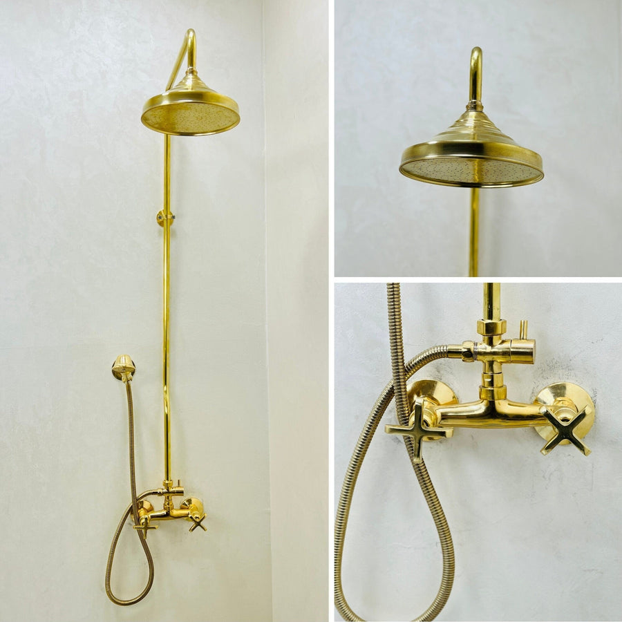 Unlacquered Brass Rain Shower shower system for primary bathrooms, guest bathrooms, walk-in showers, and classic bath renovations - view 1