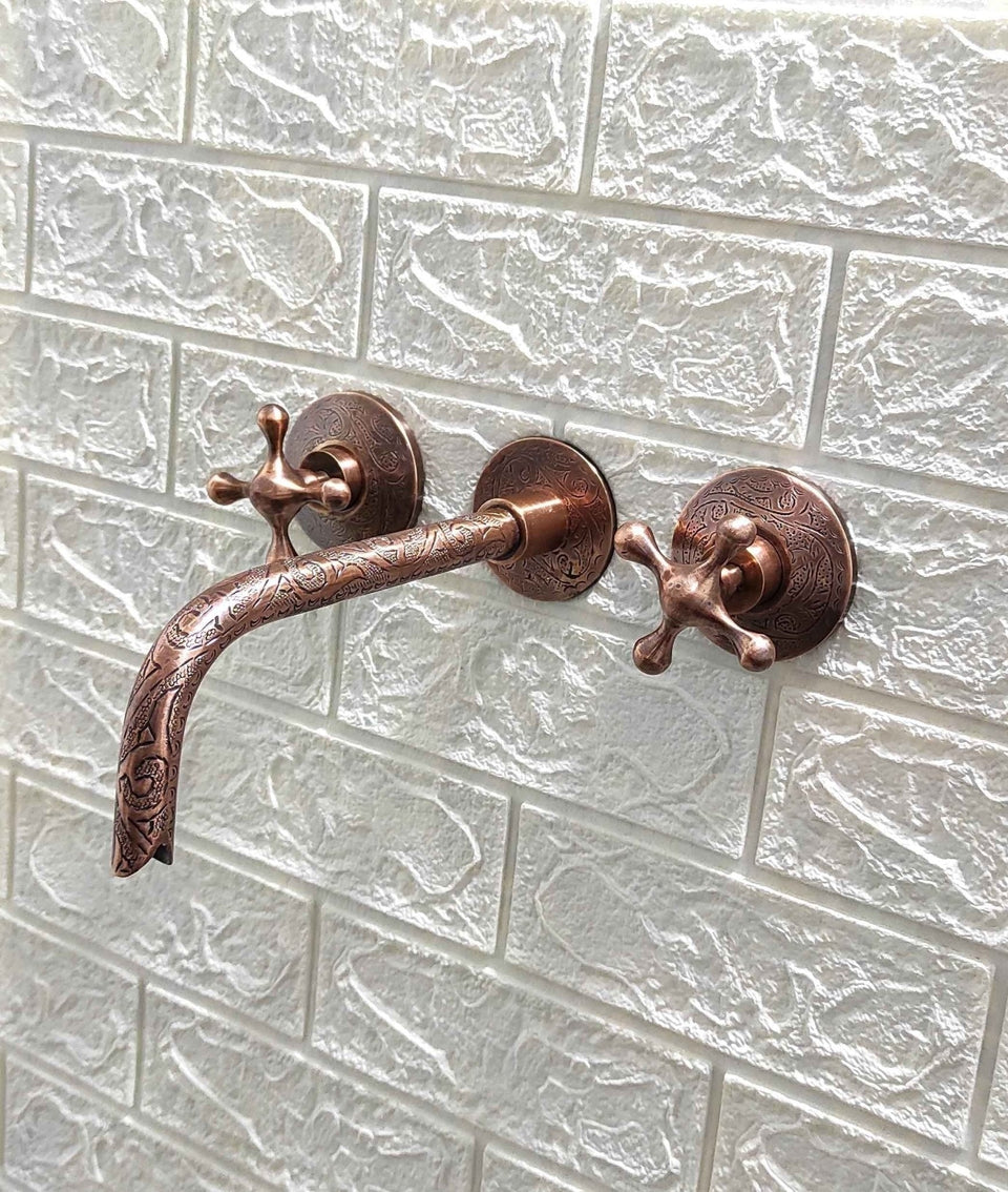 Engraved Copper Wall Mounted Faucet wall mount faucet for wall-mounted sink layouts, bathrooms, kitchens, and compact wash spaces - view 1