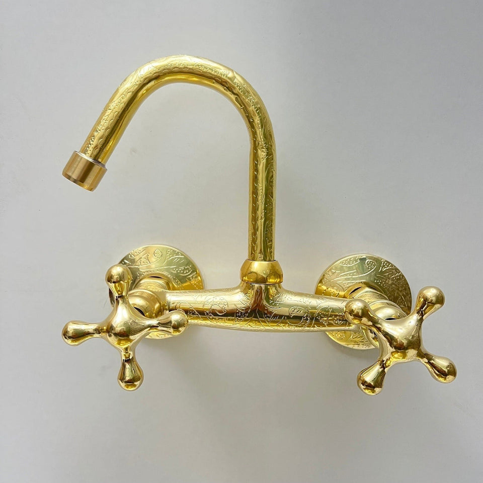 Engraved Brass Wall Mounted Kitchen Faucet Kitchen Faucets product photo