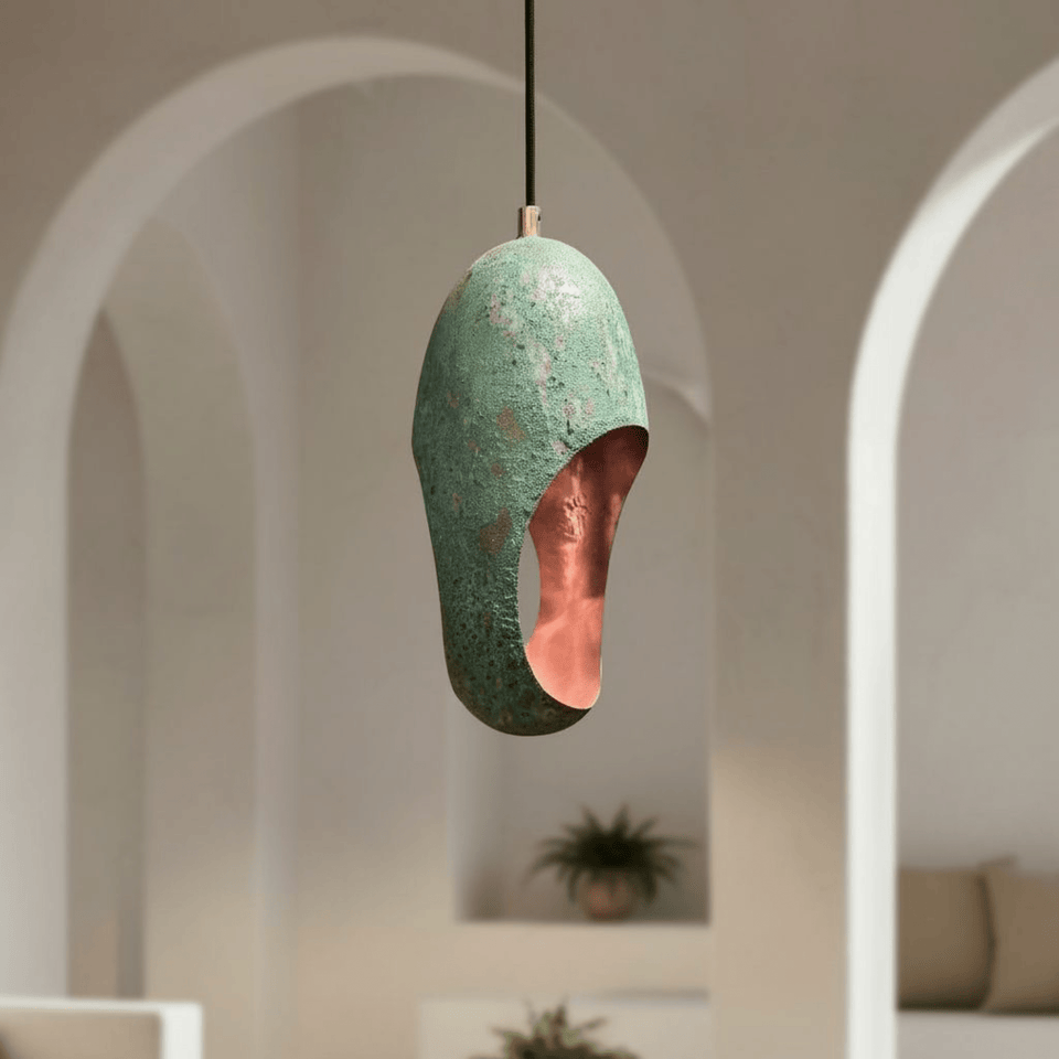 Green Patina Copper Pendant – Cutout Dome Ceiling Light for Rustic Decor - Brass For Homes - 