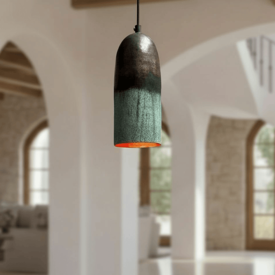 Green Patina Copper Pendant Light – Handmade Oxidized Cylinder Ceiling Lamp pendant light for kitchen islands, dining rooms, vanities, and warm artisan interiors - view 1
