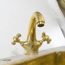 Unlacquered brass single hole bathroom faucet – side view showing lever handle