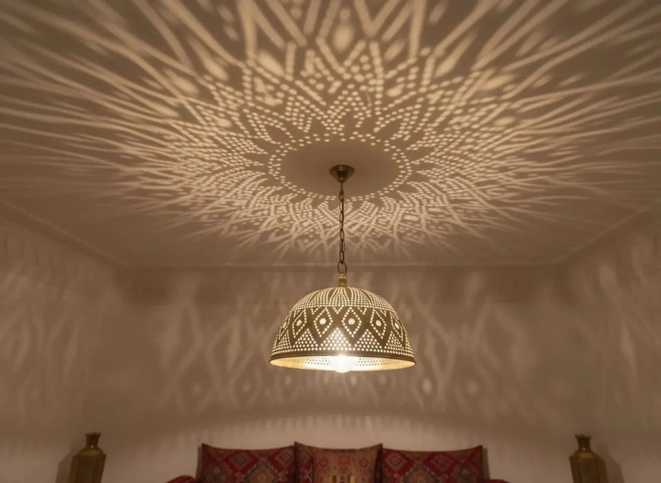 Moroccan Brass Pendant Light – Handmade Geometric Openwork Lamp - Brass For Homes - 