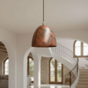 Hammered rustic copper dome pendant hanging in farmhouse kitchen – ceiling light detail – Brass For Homes