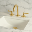 Unlacquered Brass Bathroom Faucet: Widespread 3-Hole Sink Fixture bathroom faucet for bathroom vanities, powder rooms, basin sinks, and vintage-inspired wash spaces - view 2