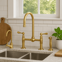 Unlacquered Brass Bridge Kitchen Faucet Set with Sprayer kitchen faucet for kitchen sinks, prep sinks, bridge faucet layouts, and farmhouse kitchens - view 1