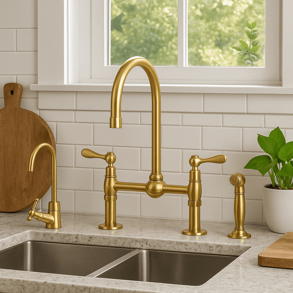 Unlacquered Brass Bridge Kitchen Faucet Set with Sprayer Kitchen Faucets product photo