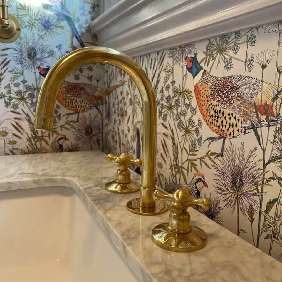Unlacquered Brass Deck Mounted Bathroom Faucet Bathroom Faucets product photo