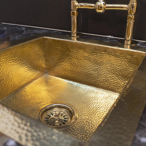 Hammered brass bar sink – compact island undermount, front view