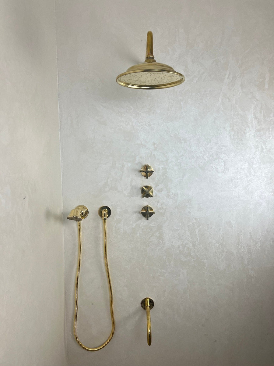 Unlacquered Brass Shower Set home decor accent for entryways, bathrooms, kitchens, shelves, and warm artisan interiors - view 1