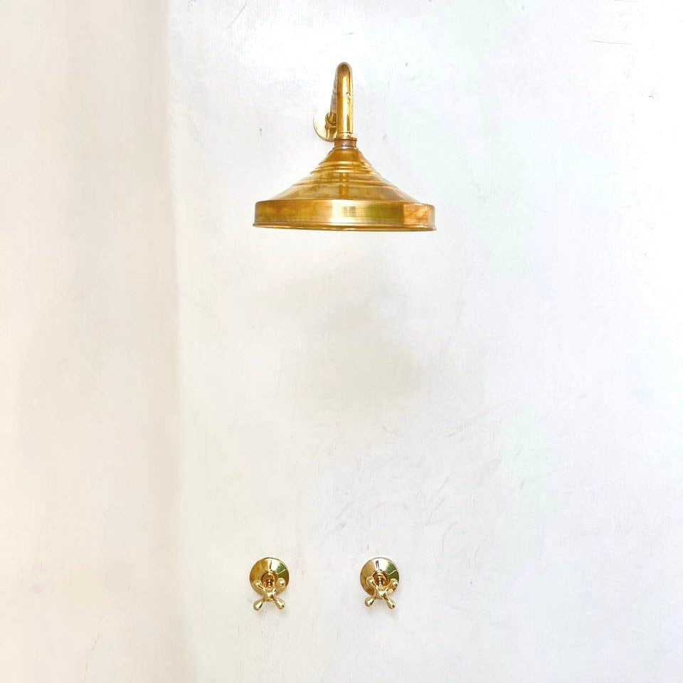 Unlacquered Brass Shower System — Round Showerhead & Straight Arm home decor accent for entryways, bathrooms, kitchens, shelves, and warm artisan interiors - view 1