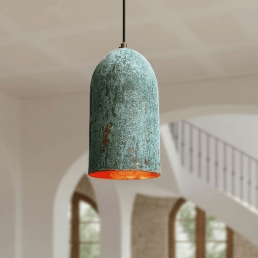 Tall verdigris copper cylinder pendant with green patina for kitchen lighting – Brass For Homes