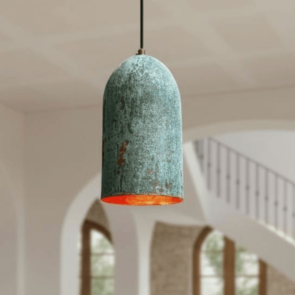 Tall verdigris copper cylinder pendant with green patina for kitchen lighting – Brass For Homes